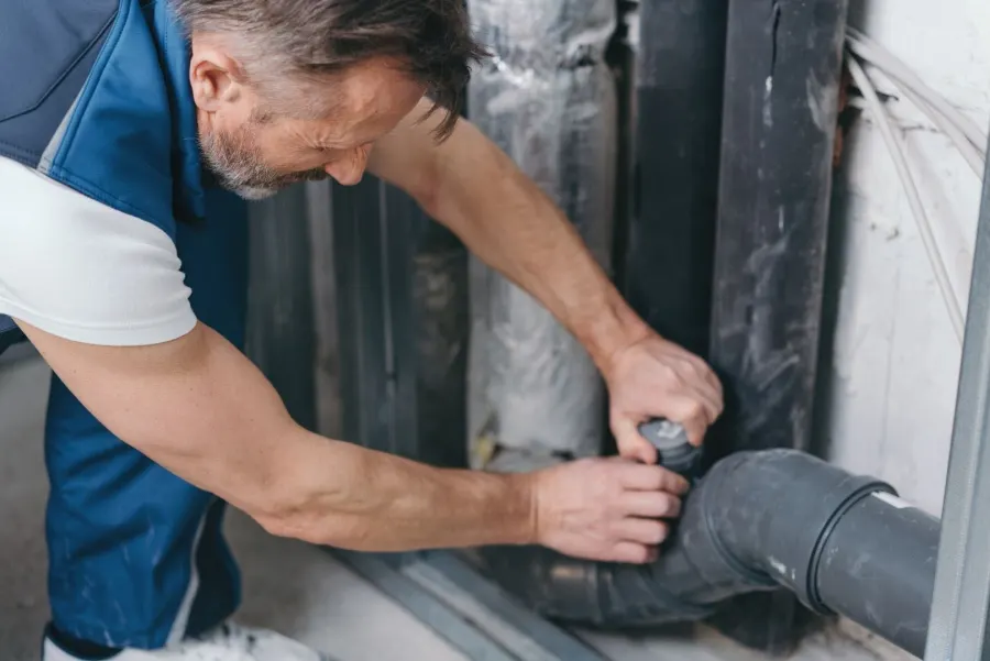 Plumber working on a drain pipe